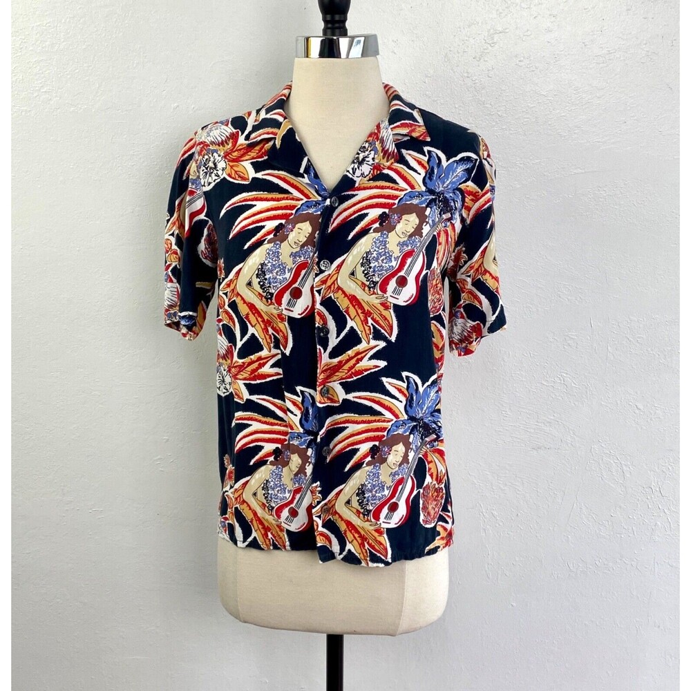 Hawaiian Shirt Mens Womans Small Aloha Ukulele Girl Navy Blue Red White Travel